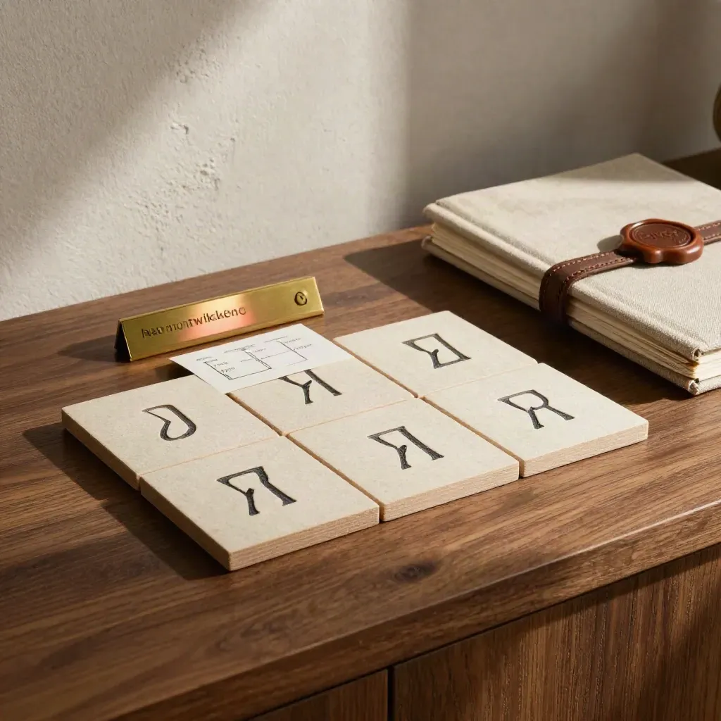 Naamontwikkeling set met schuivende routeblokken, messing plaat en gesloten schetsboek in warme studiogloed.
