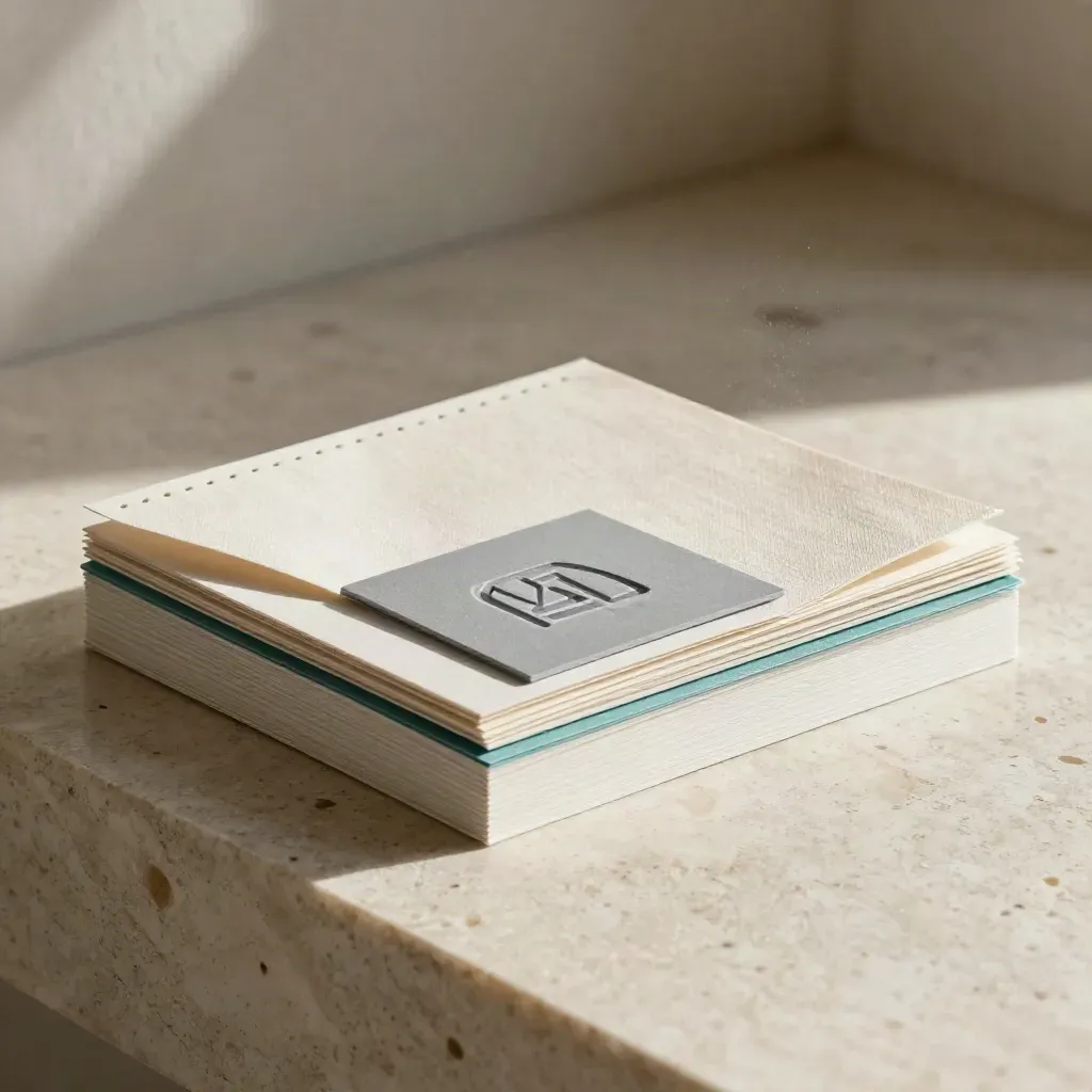 Visuele identiteit met papieren stalen, logo-tile, linnenswatch en kleurchips op travertin.