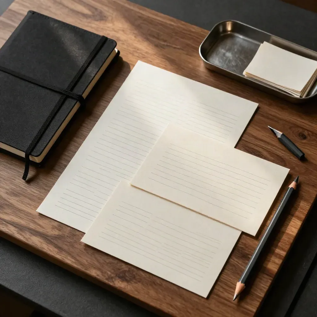 Bovenaanzicht van copykaarten, zwart notitieboek en potloodstompjes op warm hout.
