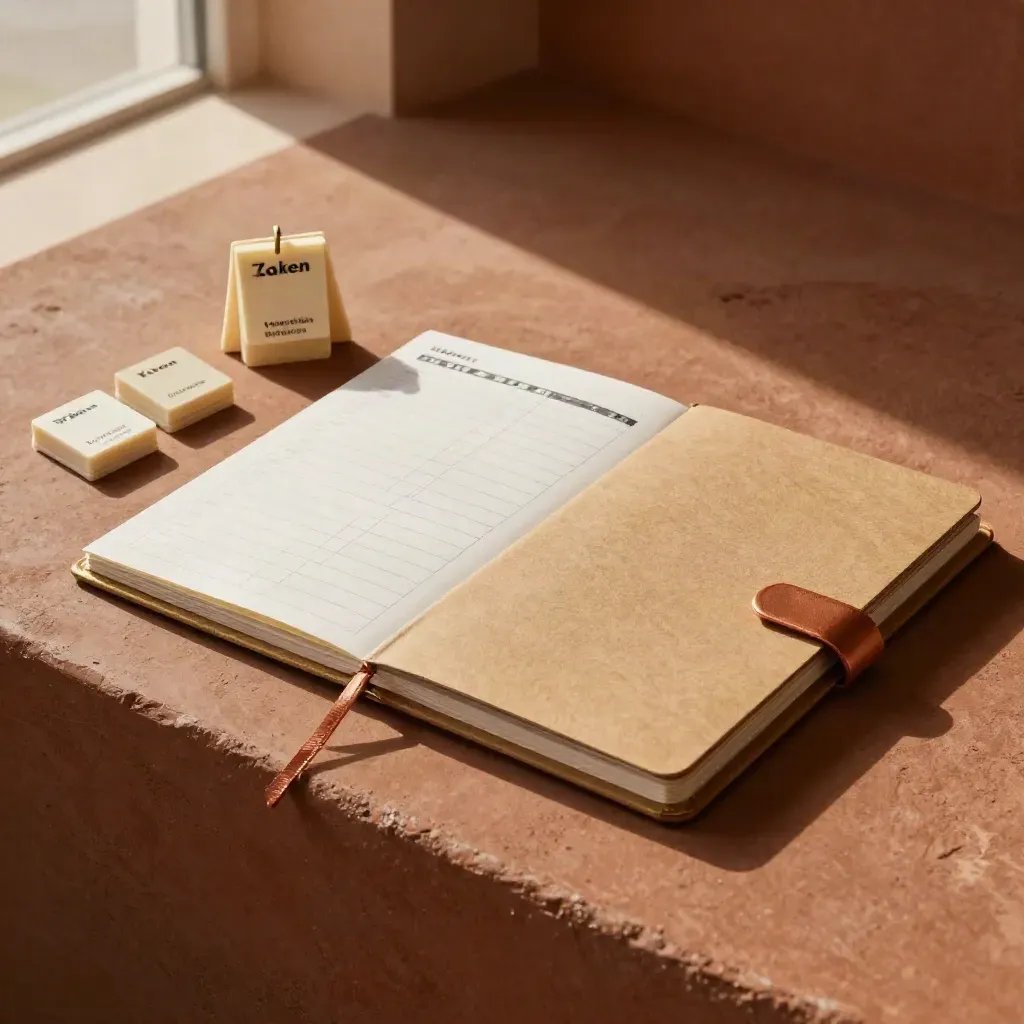 Lanceringplan met checklistmap, planningchips en koperlint op terracotta.