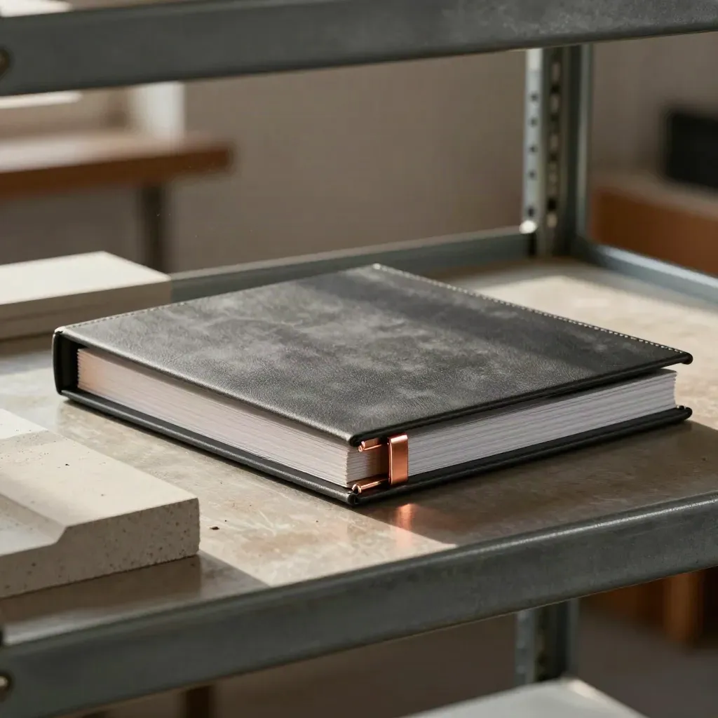 Donkere adviesshelf met binder, koper tabs, maquetteblok en betonstaal in warm werkplaatslicht.