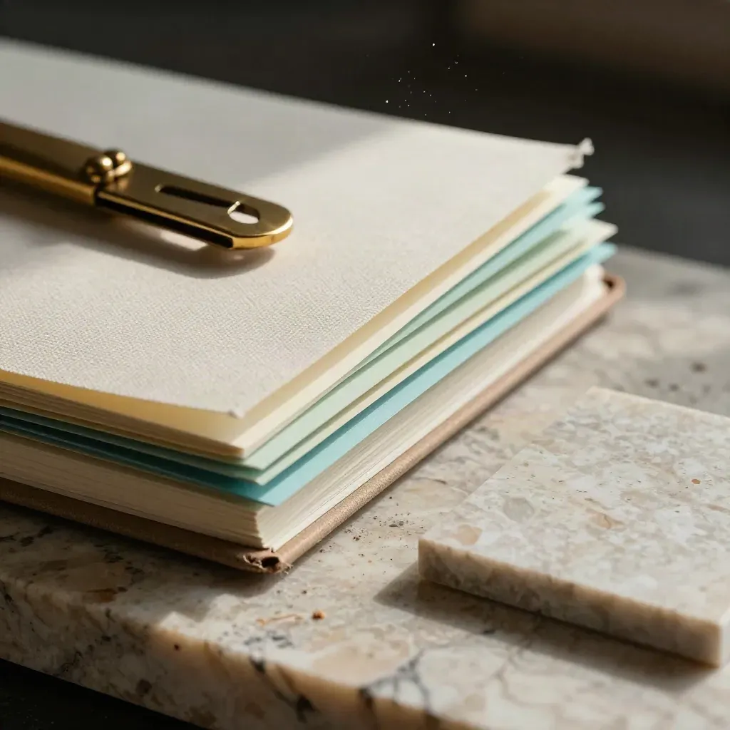Macro van strategische sticky tabs, linnen notitieboek, paperknife en steensample in warm licht.