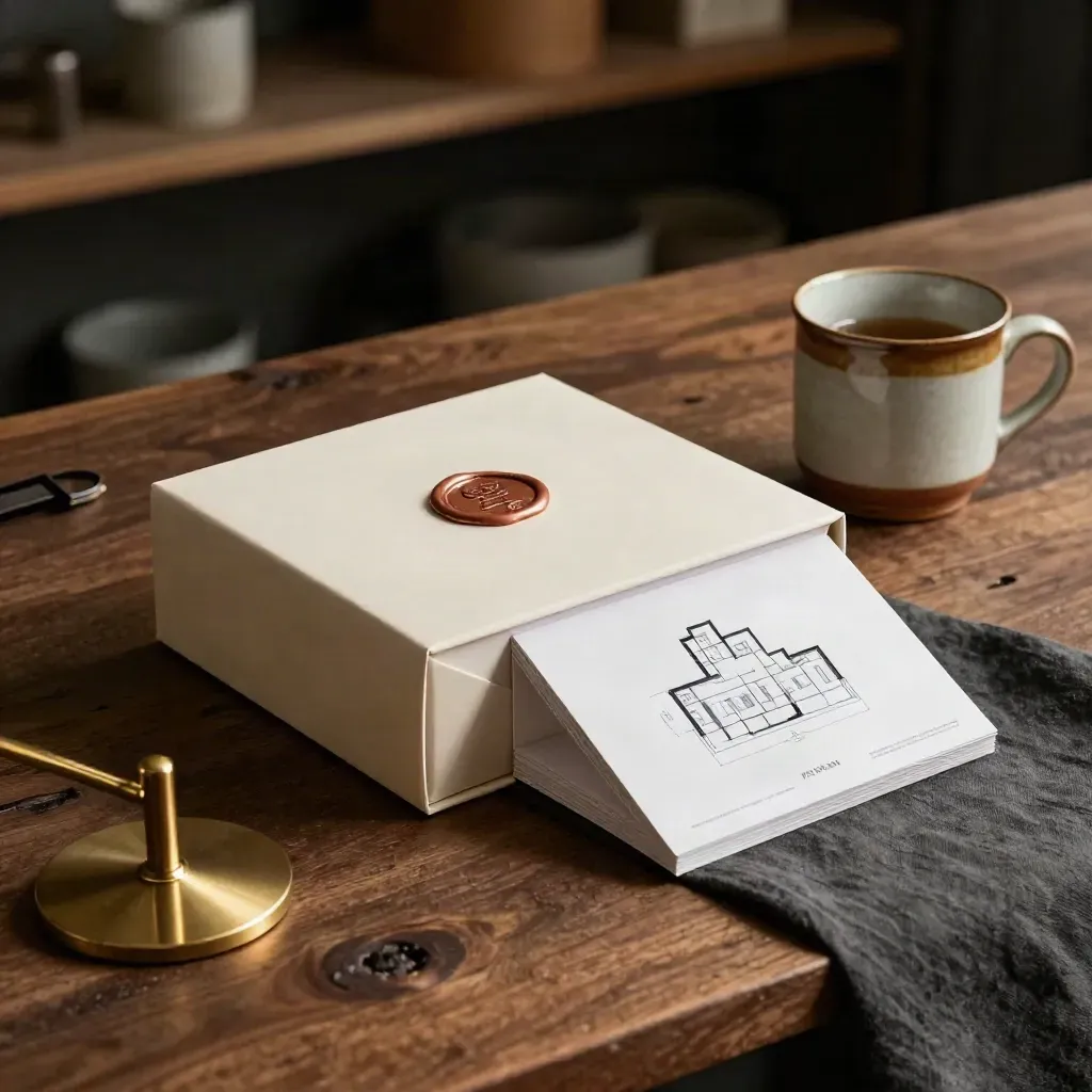 Lanceringsset voor een ontwerper op een studio-bench met doos, kaarten, mok en messing houder.
