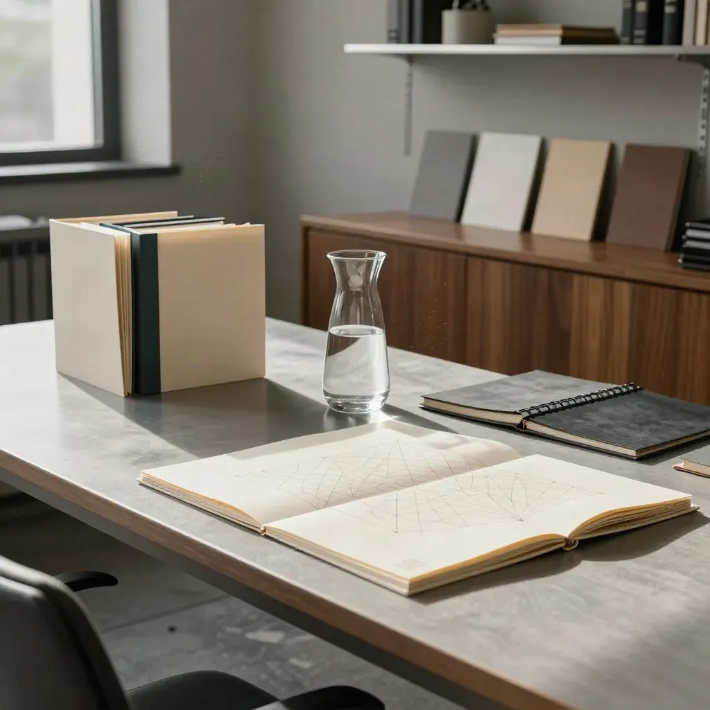 Rustig accountantskantoor met mappen, maquette en glazen karaf in editoriale lichtval.