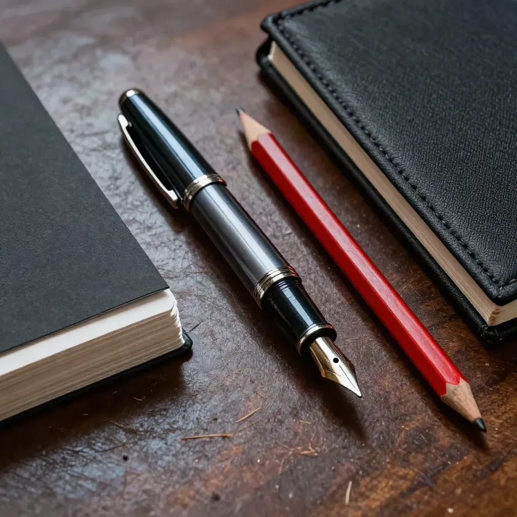 Fountain pen, zwart kaartstapel, rode potlood en stoffen notitieboek op een houten werkblad