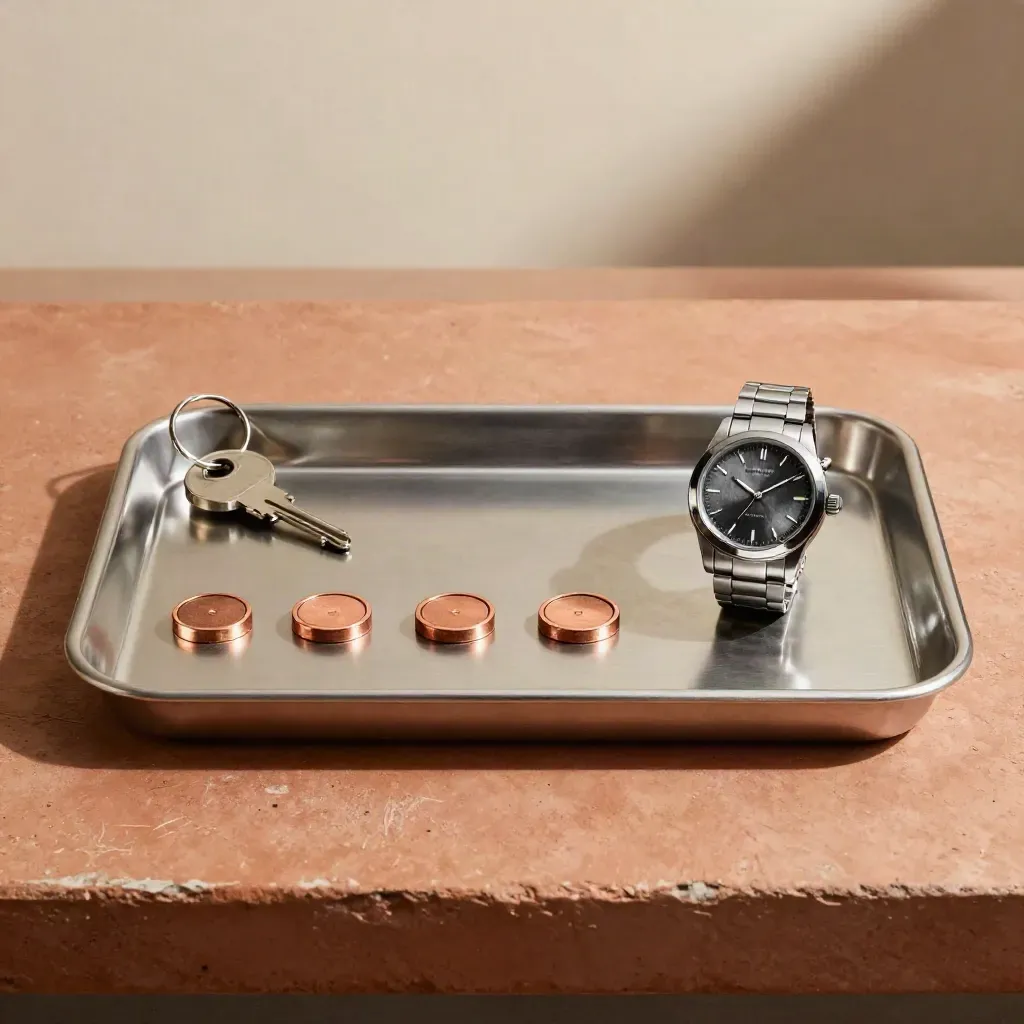 Brushed stalen tray met horloge, koperen mijlpaaltokens en sleutelring op een ruwe werkbank.