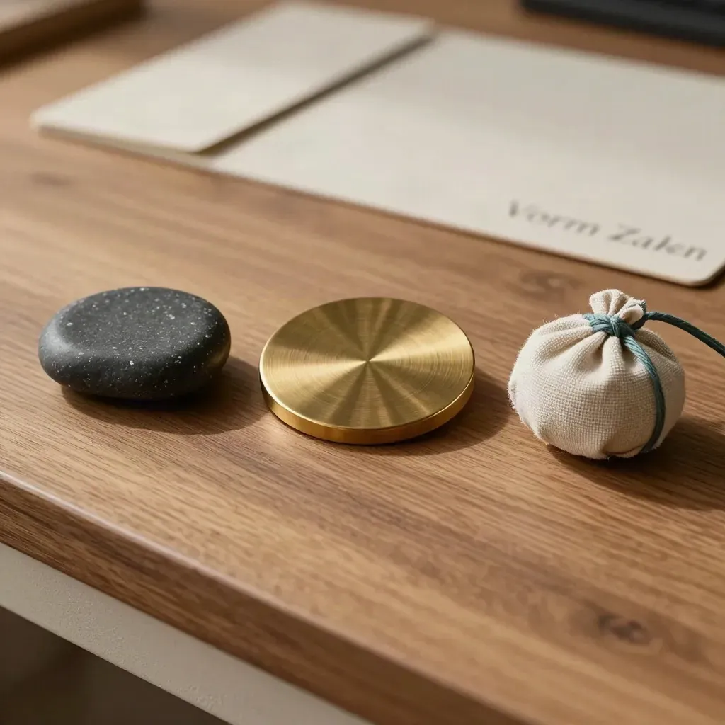 Bovenaanzicht van steen, messing schijf en linnen wikkel op donkere houten tafel.