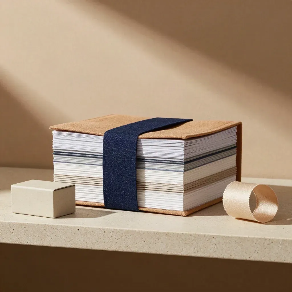 Uitwerkingsbundle op een stenen plank met folder, proefdoos en linnen lint in zacht licht.