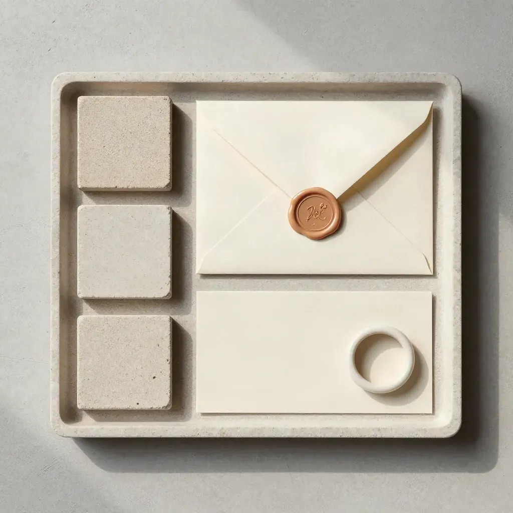 Bovenaanzicht van merkkeuzes met materiaalchips, envelop, lakzegel en keramische proefring.