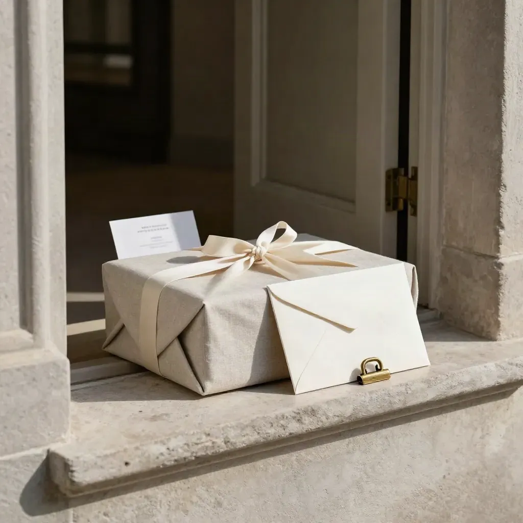Oplevering-still life met map, envelop, doosje en brass detail bij een deuropening.