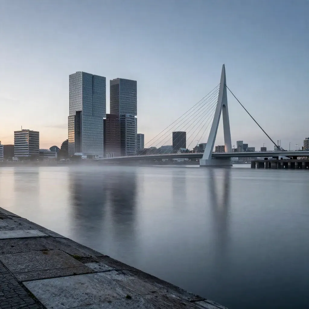 Rotterdamse skyline boven mistig rivierwater bij blauwe uur, met brugboog en stille kades.