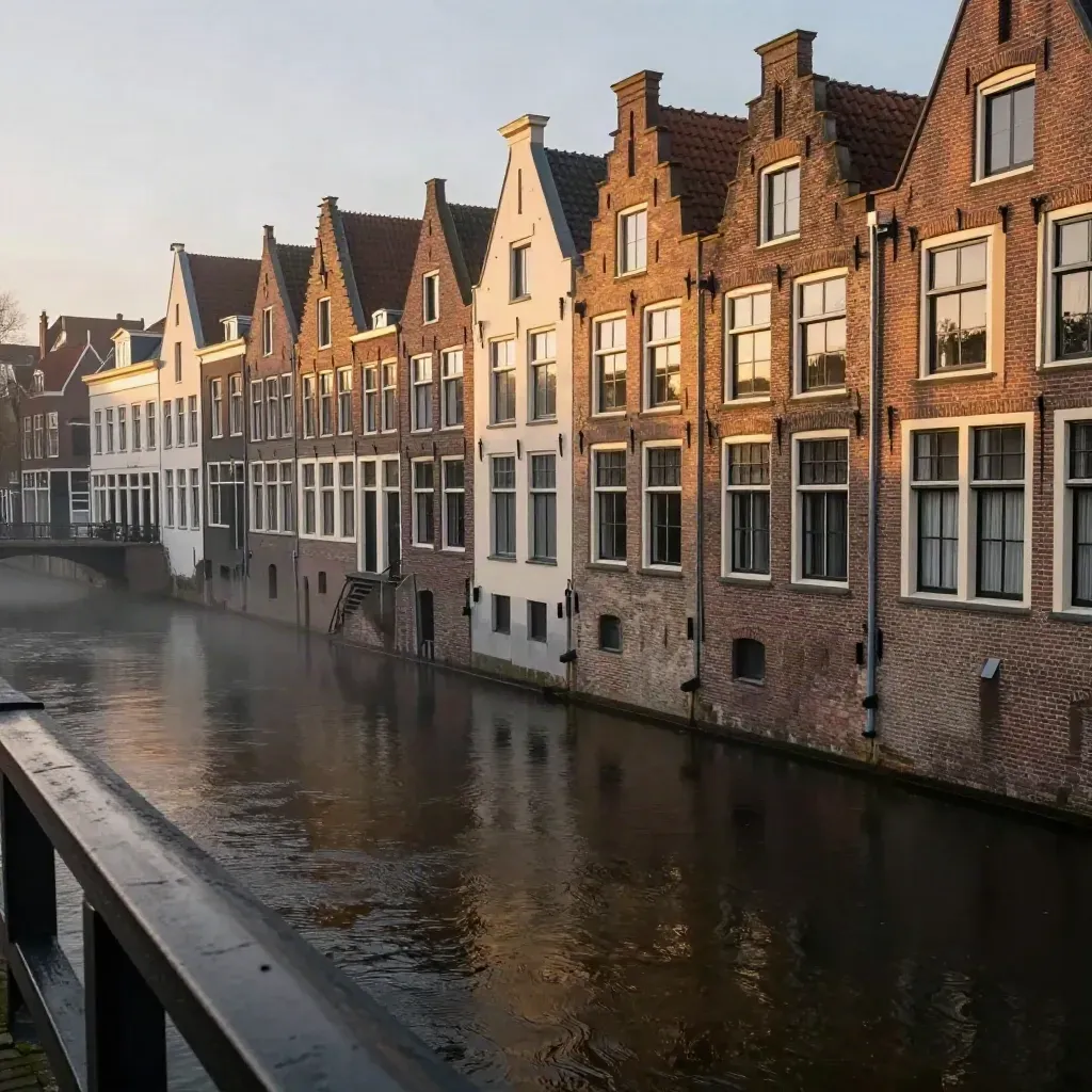 Haarlemse grachten en gevels bij gouden uur, met donkere waterbocht en rustige bakstenen oevers.