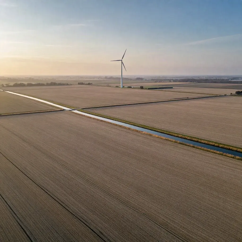 Polderlandschap bij Utrecht en Flevoland met windturbine, rechte sloten en mistige horizon.
