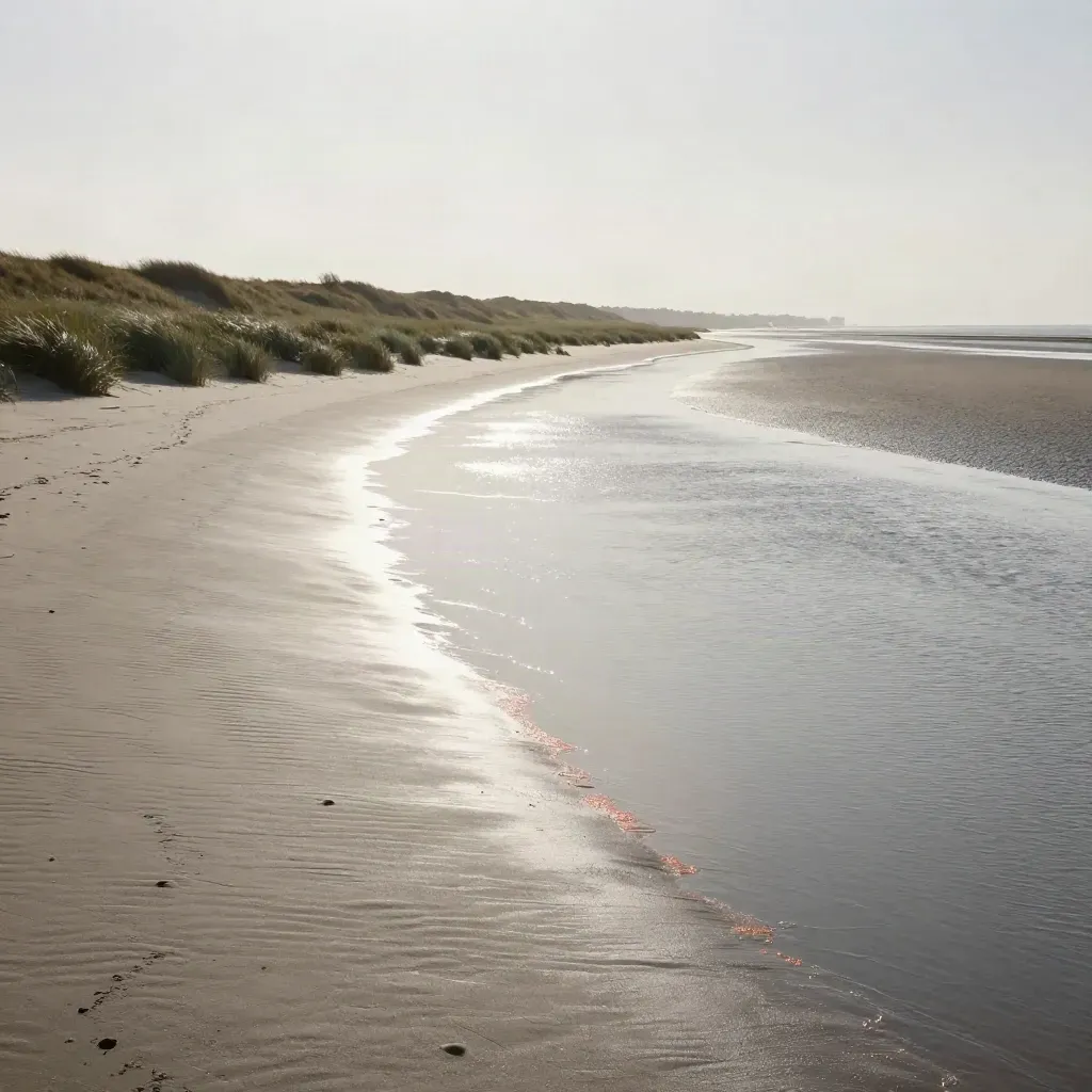 Duinrand en getijdeplaten in Zuid-Holland met nat zand en verre stadslijn.